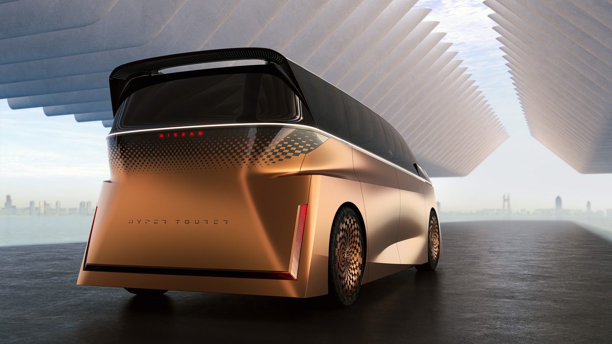 Rear three quarters view of a 2023 Nissan Hyper Tourer Concept.