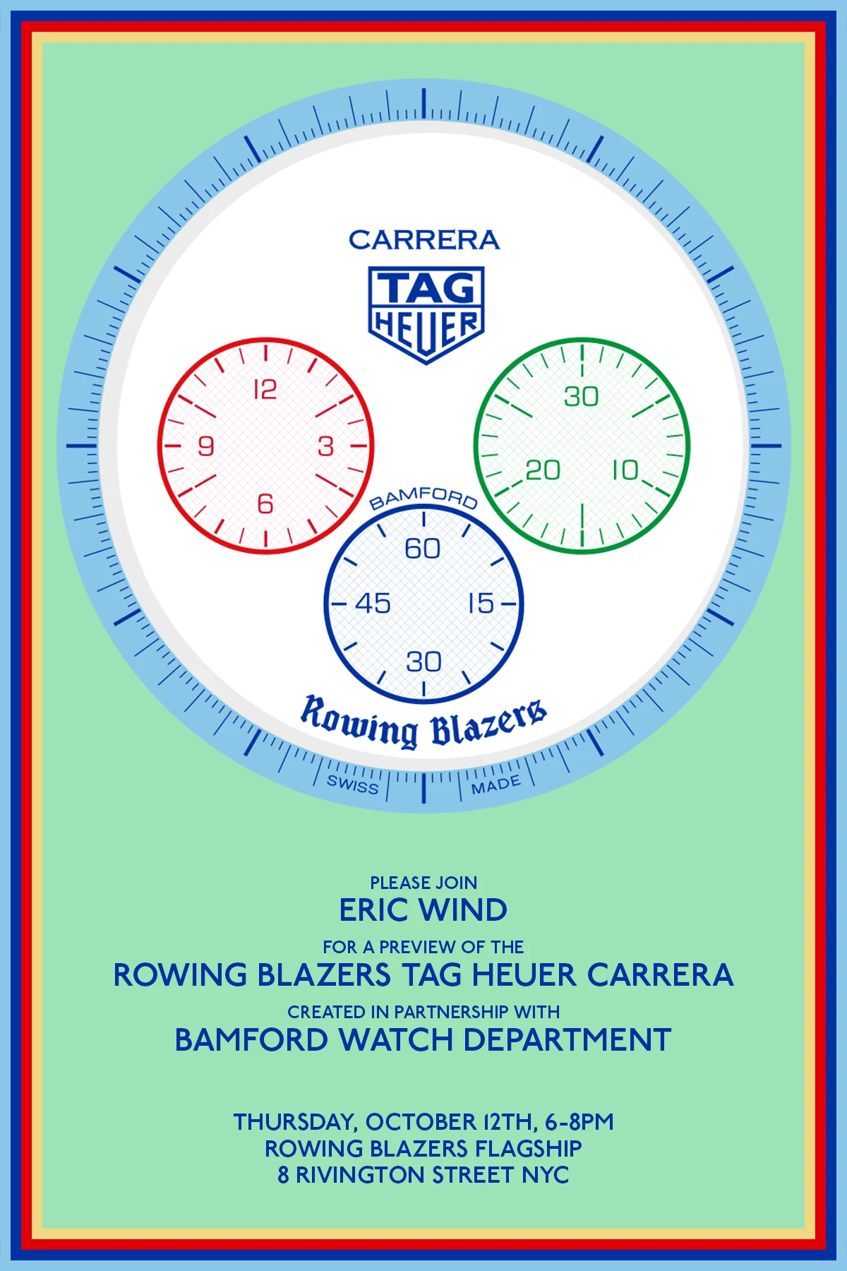 A poster of the Rowing Blazers x Bamford x TAG Heuer Carrera watch release taking place on October 12th, 2023.