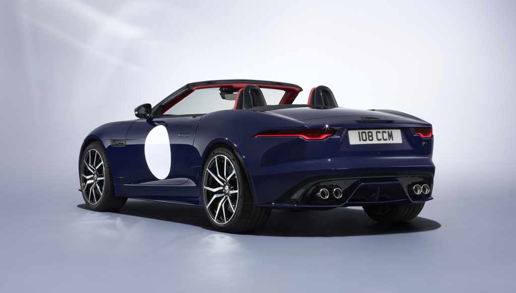 Rear three quarters view of a Jaguar F-Type Edition ZP in Oulton Blue.