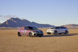 A shot of two final concept stage Volkswagen vehicles in the desert including a facelifted MK8 GTI.