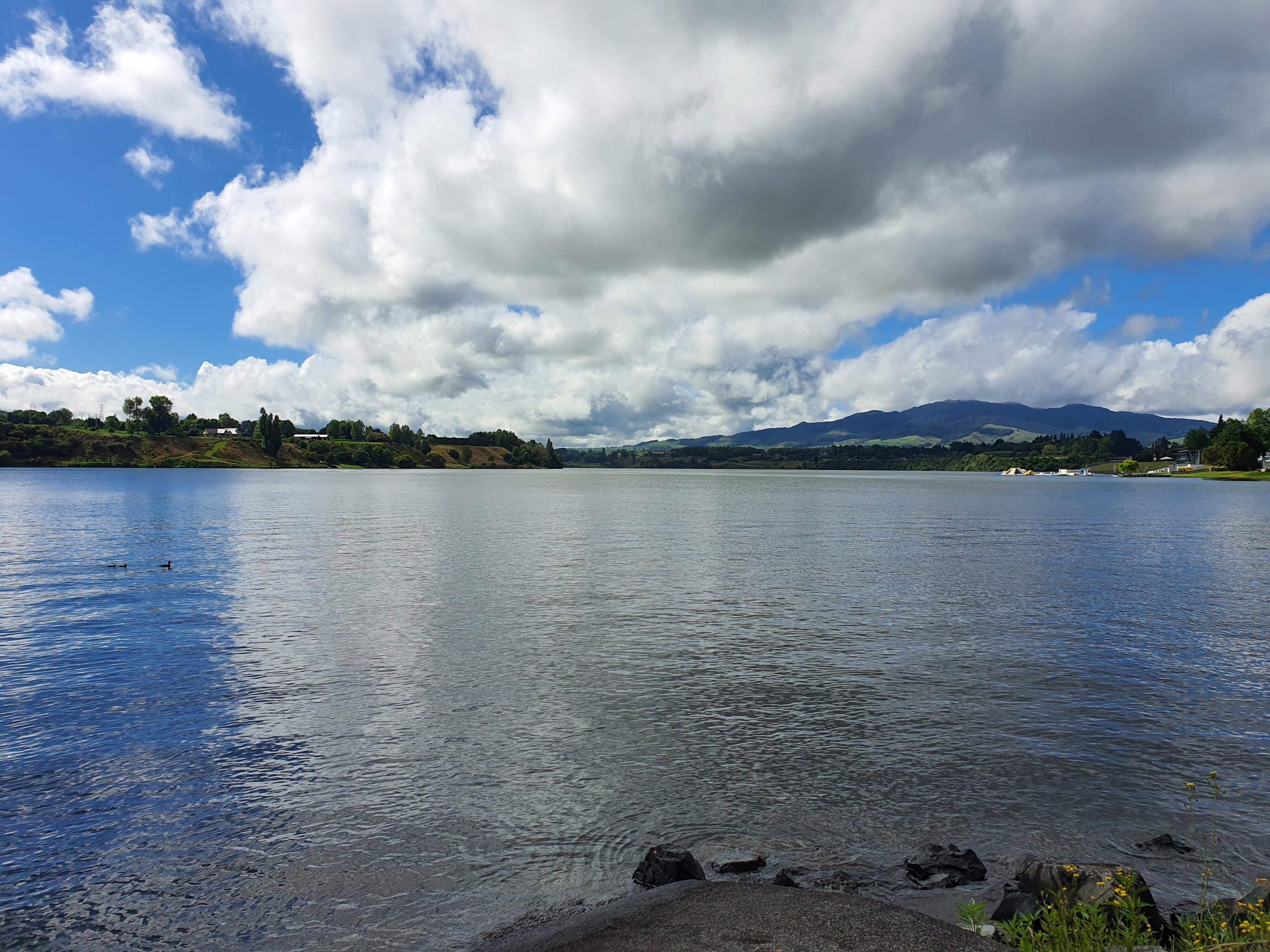 A view of Lake Karapiro from the shore. Cambridge, Waikato, New Zealand.