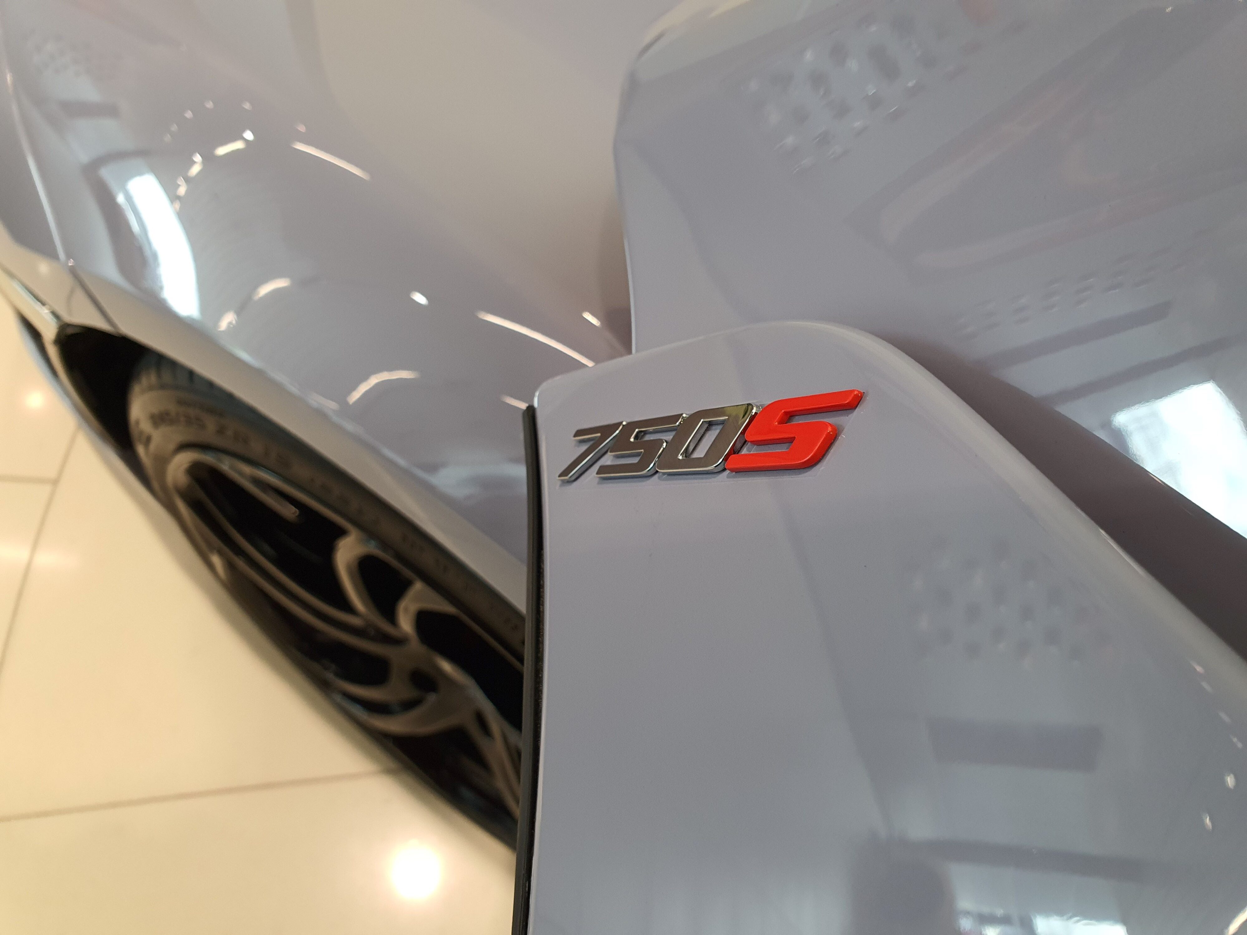 Close up of the 750S badge on the new McLaren 750S supercar at McLaren Auckland.