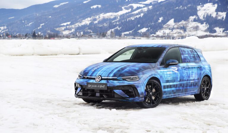 Promotional photo of a camouflaged Volkswagen Golf R MK8 on ice.