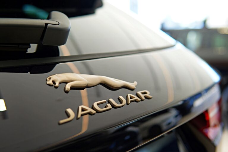 A close up of the Sunset Gold Satin Jaguar badge on the rear of the Edition 1988 F-Pace SVR.
