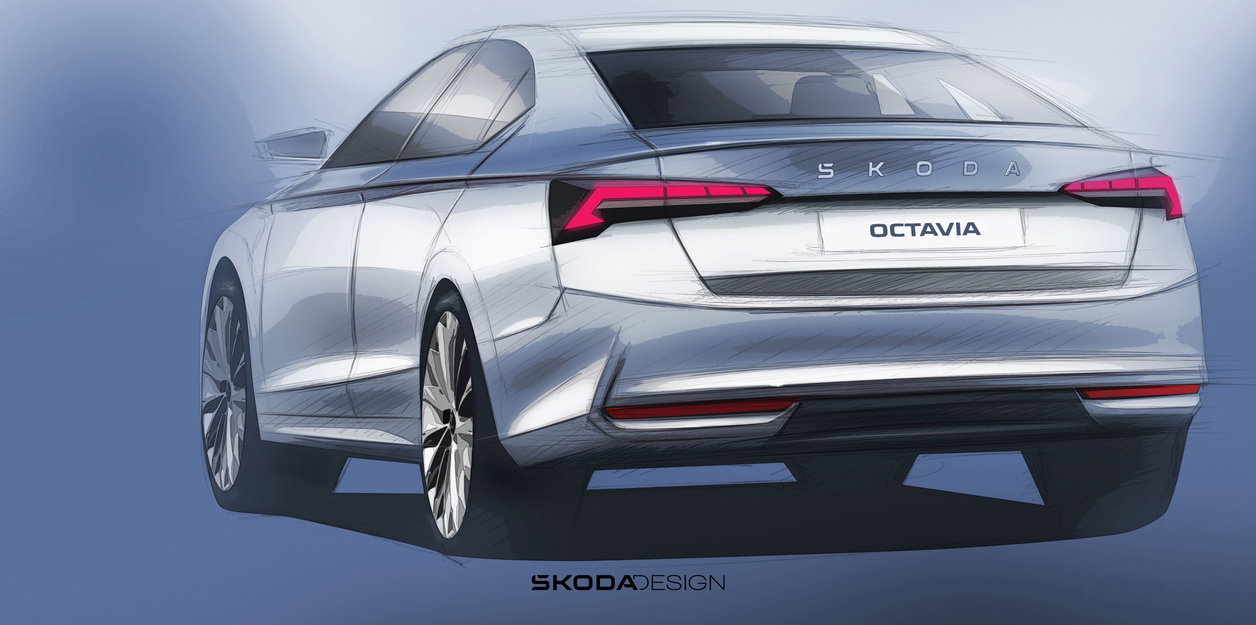 Rear view of a sketched Skoda Octavia to be unveiled later in February.