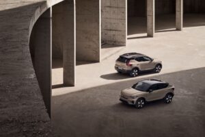 Overhead promotional shot of a Volvo EX40 and EX40, newly renamed Volvo EVs.