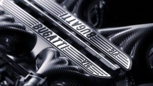 Close-up shot of the new Bugatti V16 engine.