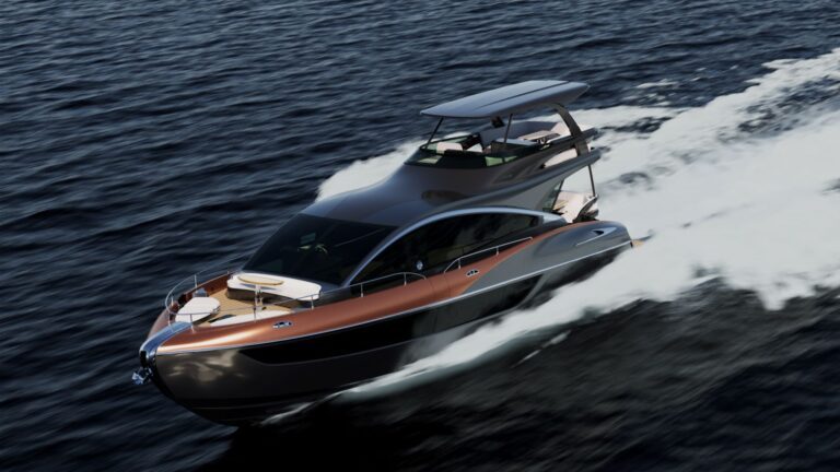 A motion shot of the Lexus LY680 yacht on the water.