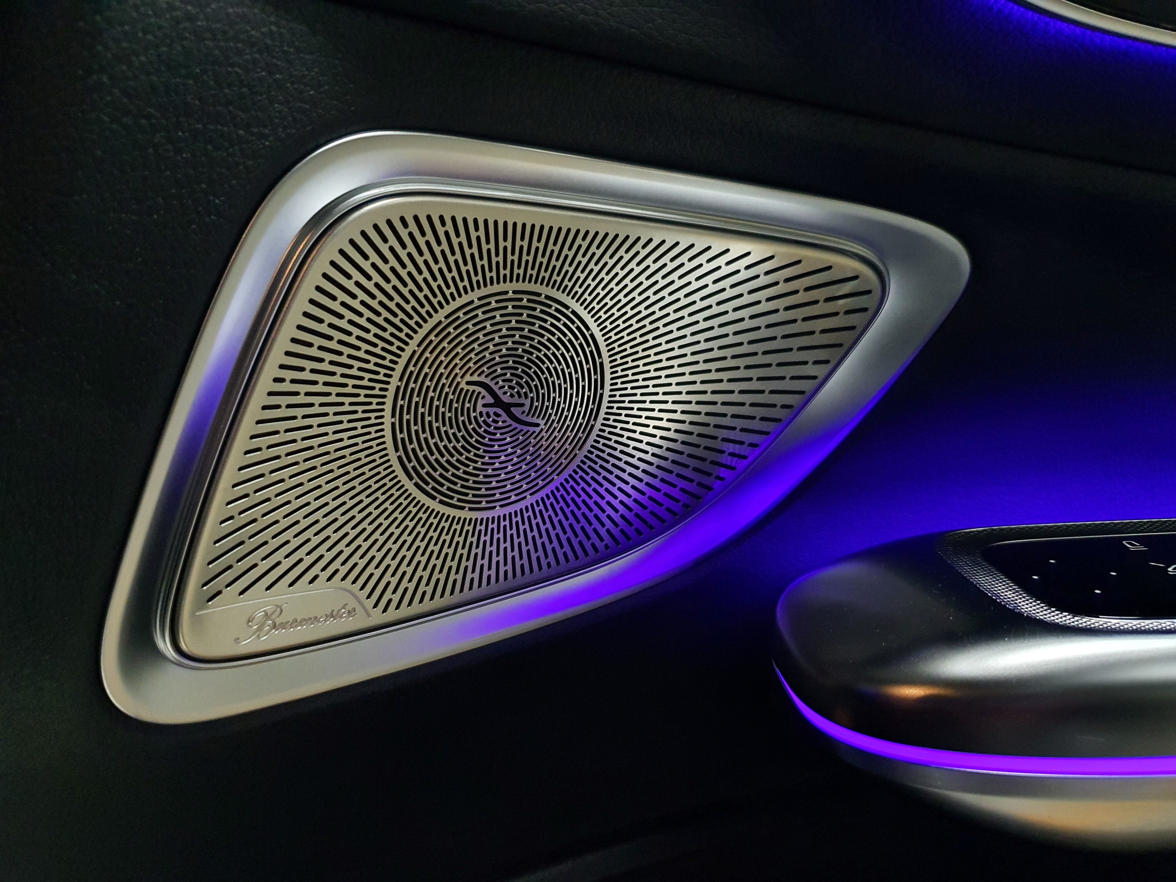 Photo of a silver coloured Burmester speaker panel on the interior of a 2024 Mercedes-Benz CLE300 4MATIC.