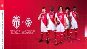 AS Monaco FC players posing in the upcoming season's kit with Renault R5 badging on the front of the shirt.