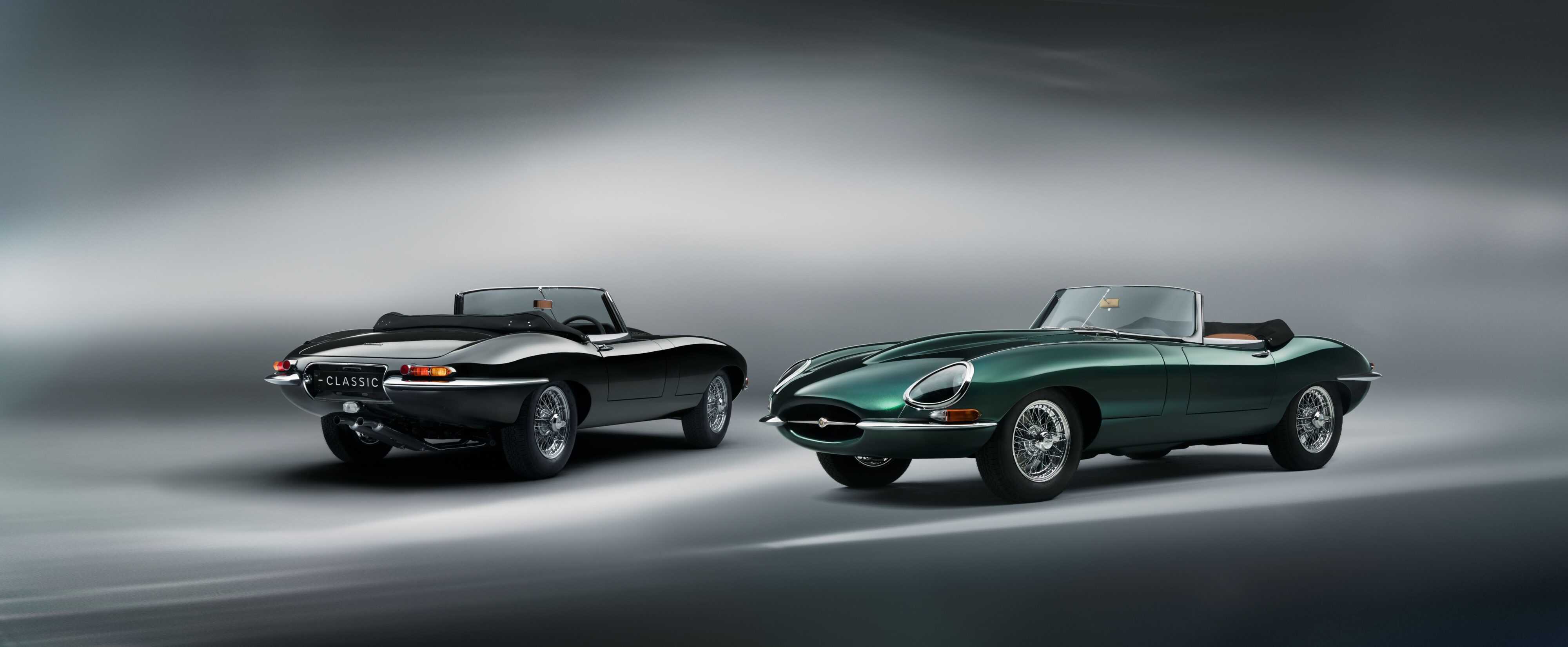 A photo of the two brand new Series 1 E-Types that Jaguar have built.