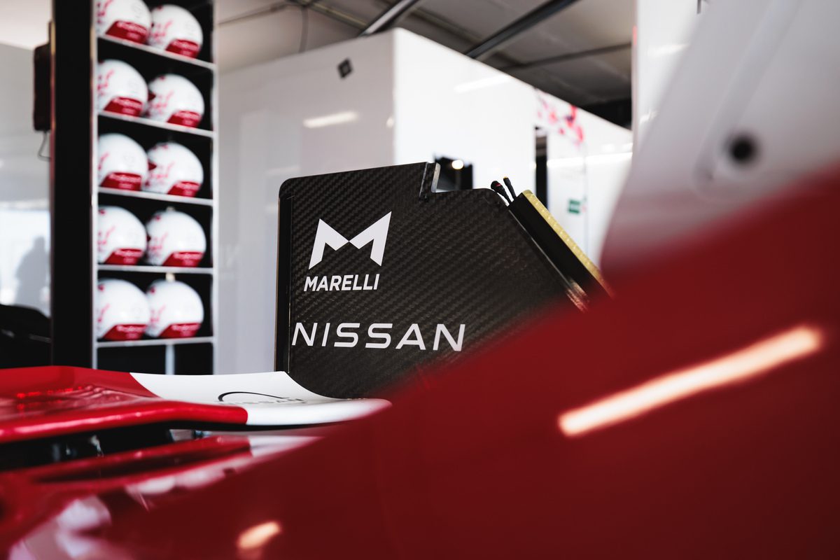 A shot of the Nissan branded wing on the team's Formula E car featuring Marelli branding.