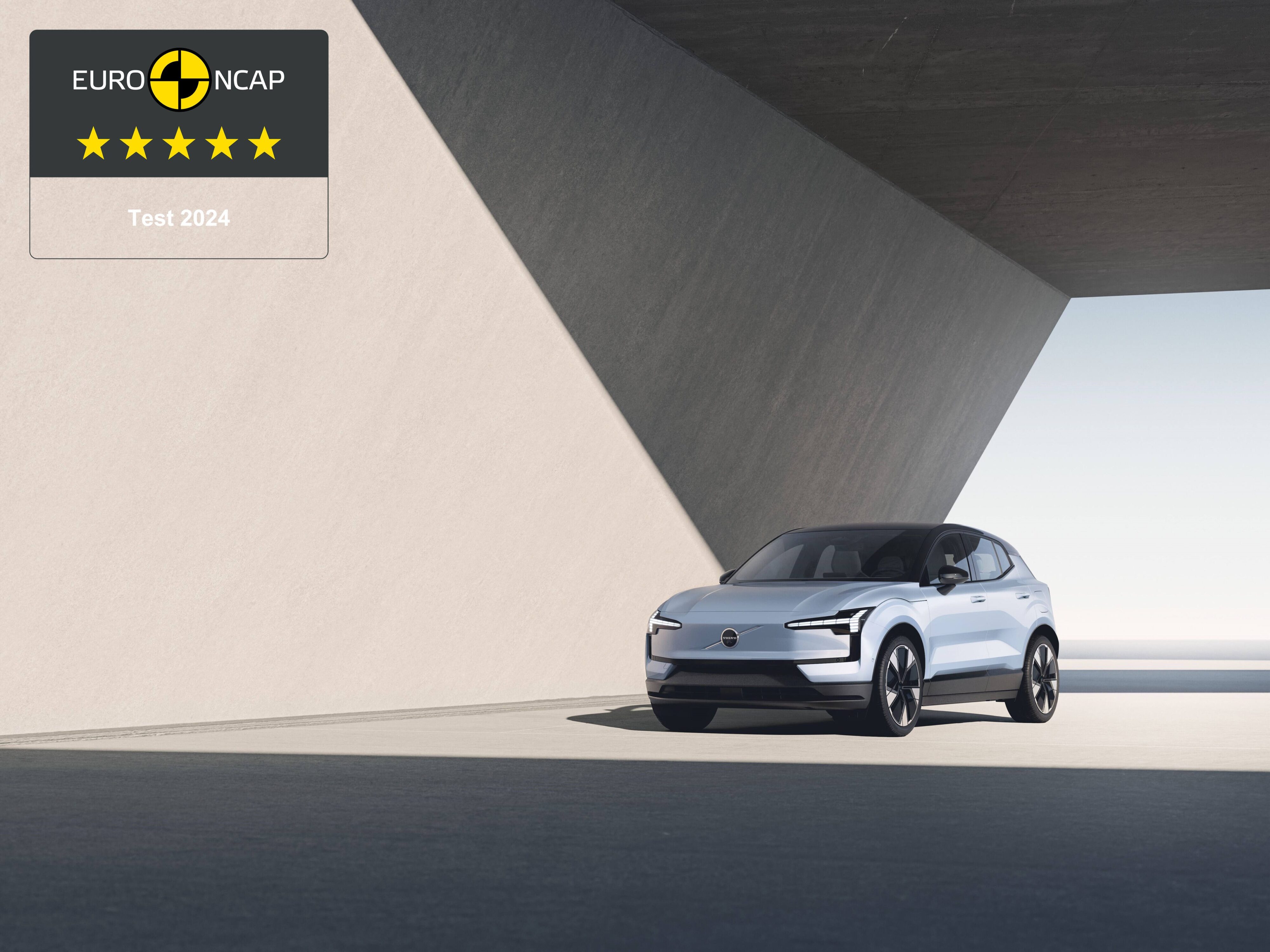 A Volvo EX30 pictured with Euro ANCAP 5-Star Rating Award.
