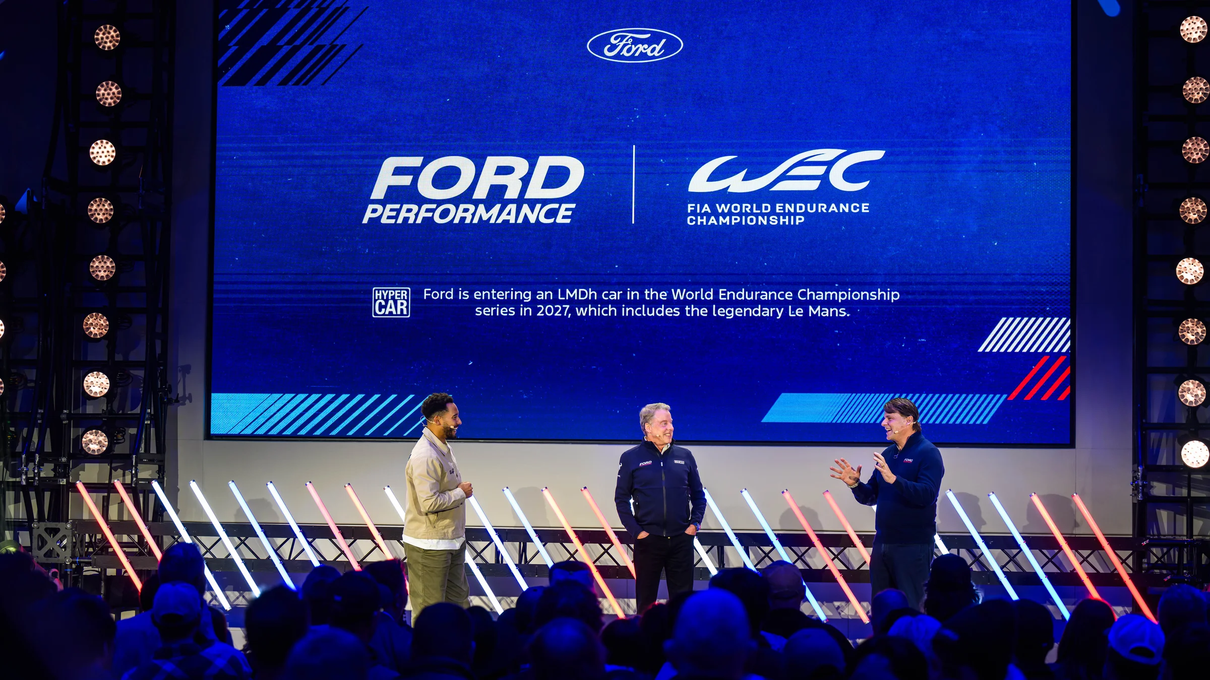A photo of Bill Ford and Jim Farley announcing the return of Ford to WEC and Le Mans in 2027.