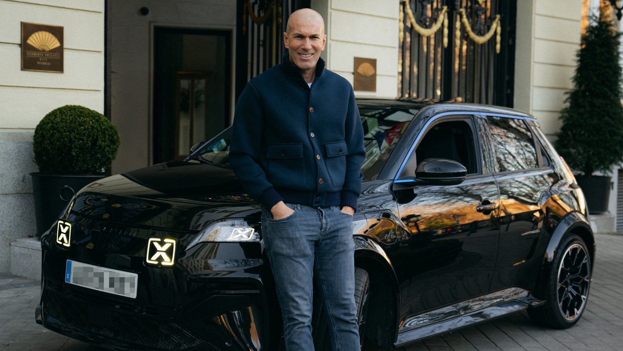 Zinedine Zidane pictured with his Alpine A290 hot hatch in Madrid.