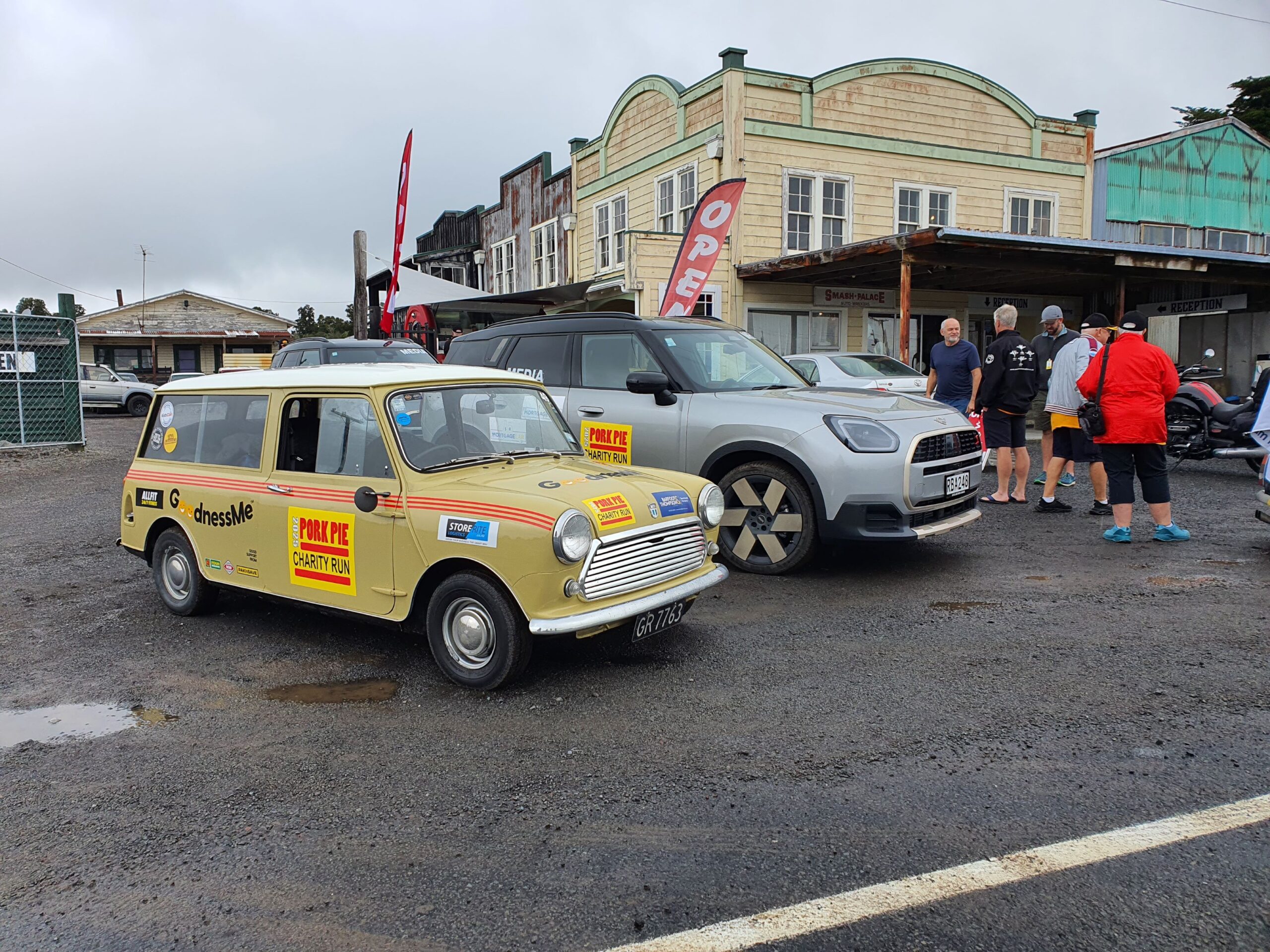 A duo of Minis parked outside Smash Palace in Horopito as part of the 2025 Pork Pie Charity Run.