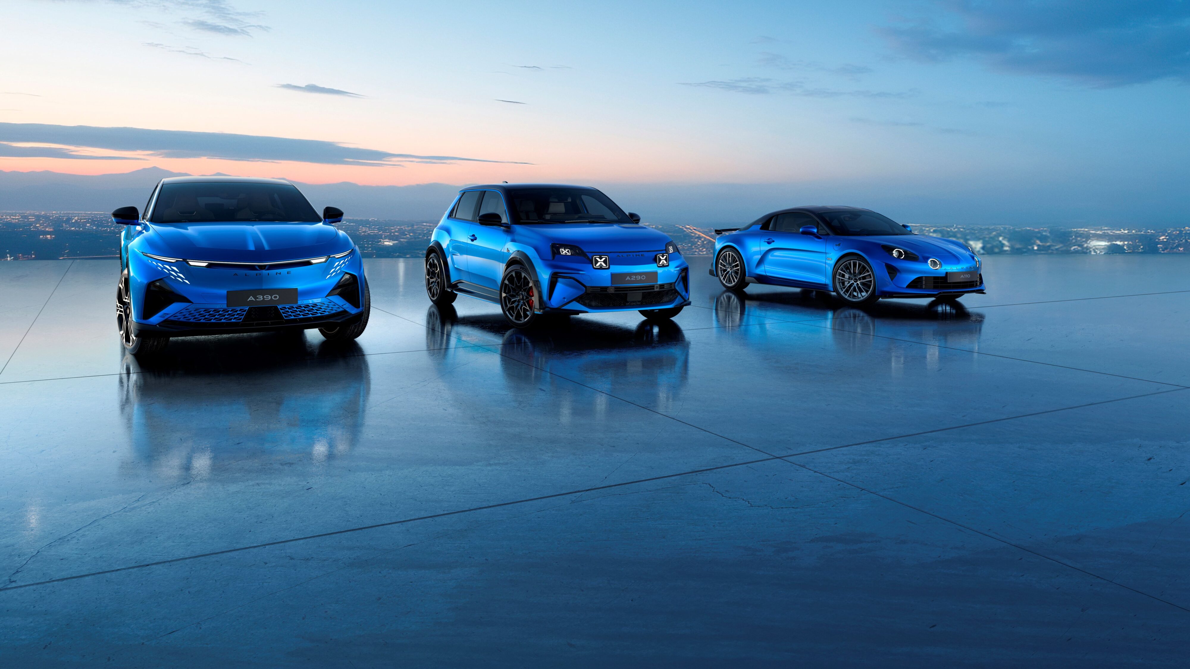 Alpine's three model range on display. Starting from the left, A390, A290 and A110. All in blue.