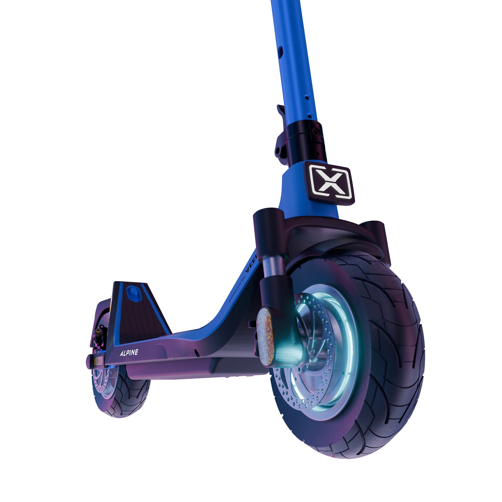 Front three quarters view of the Alpine 100A GT performance e-scooter.