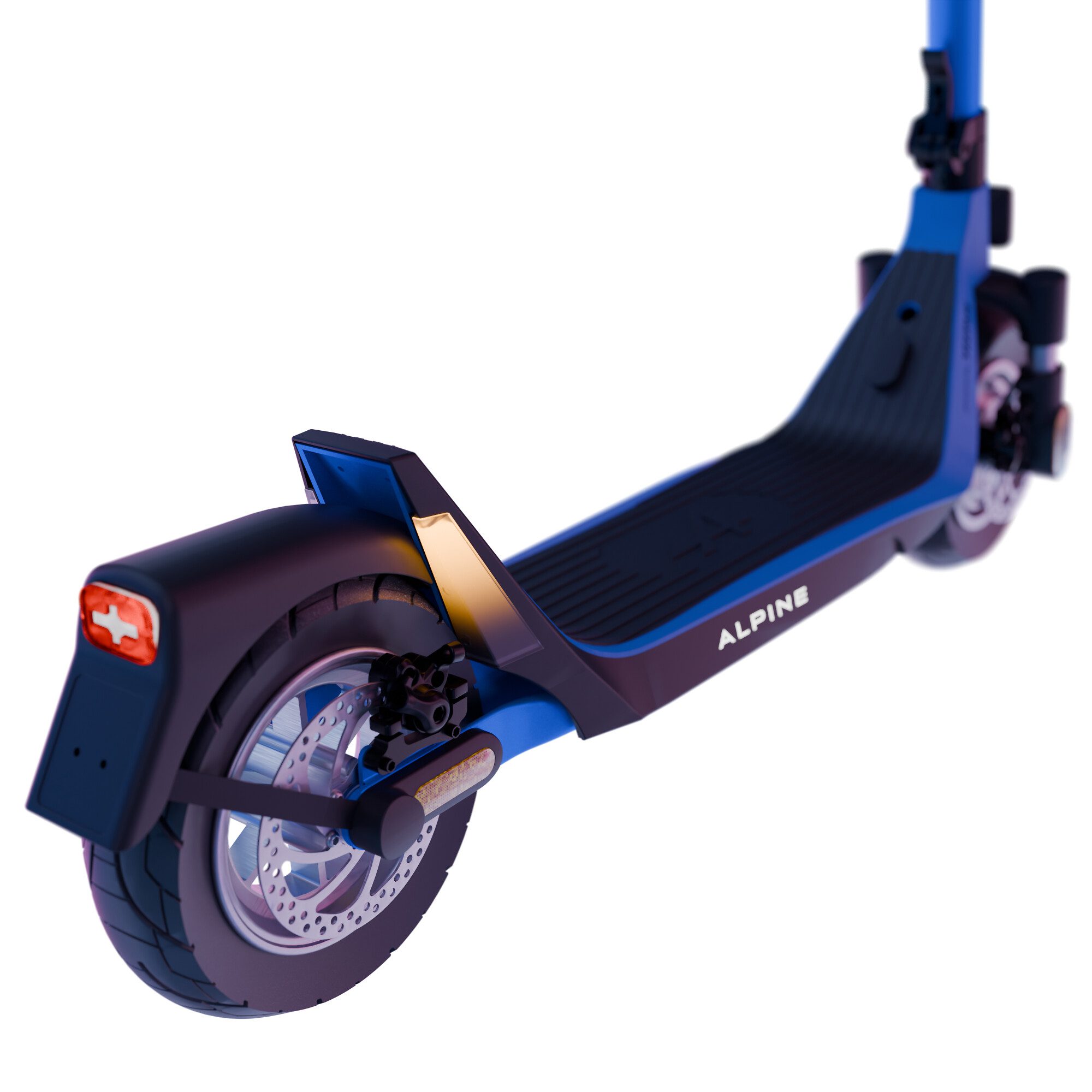 Rear three quarters view of the Alpine 100A GT e-scooter.