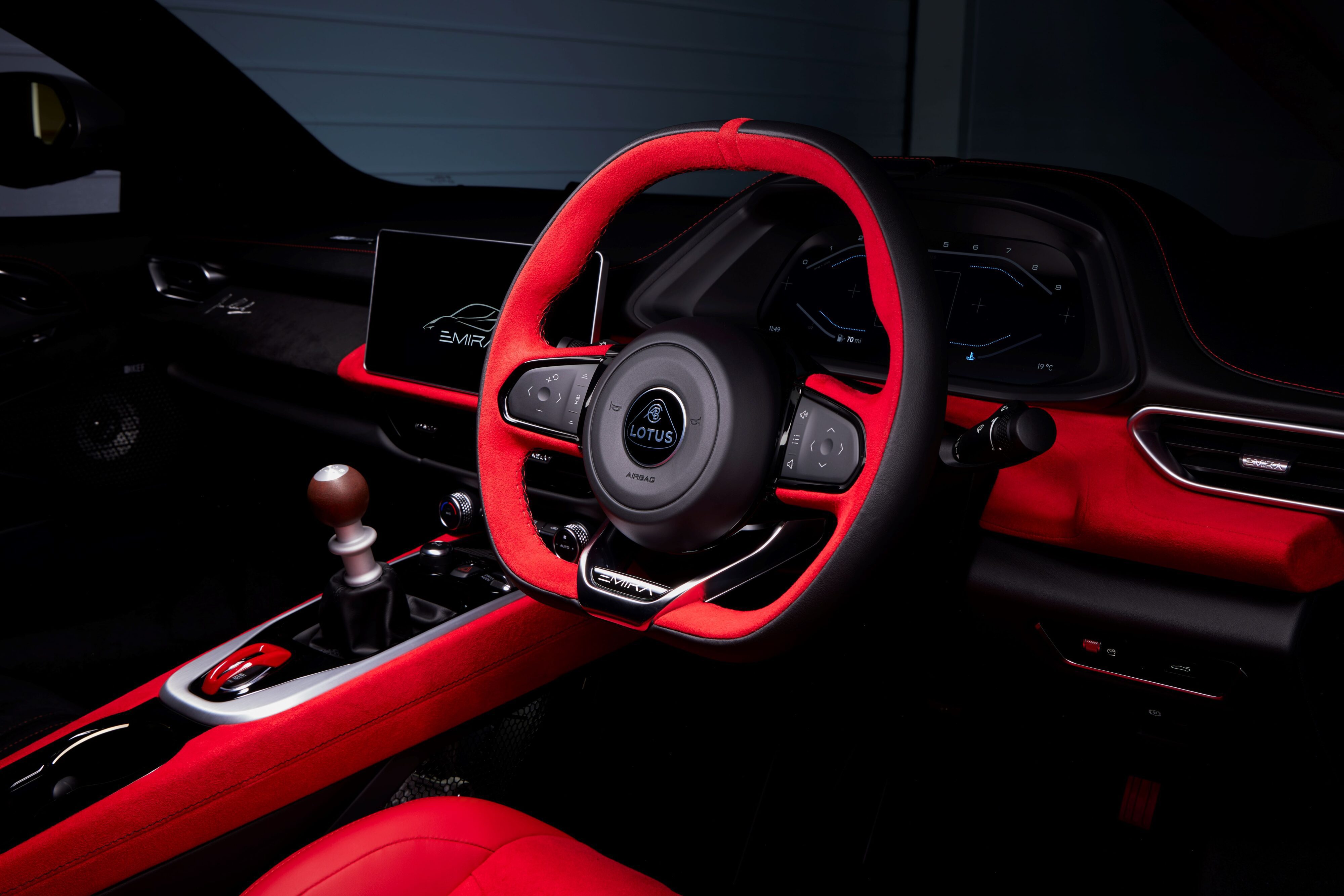 View of the interior of a Lotus Emira Clark Edition.