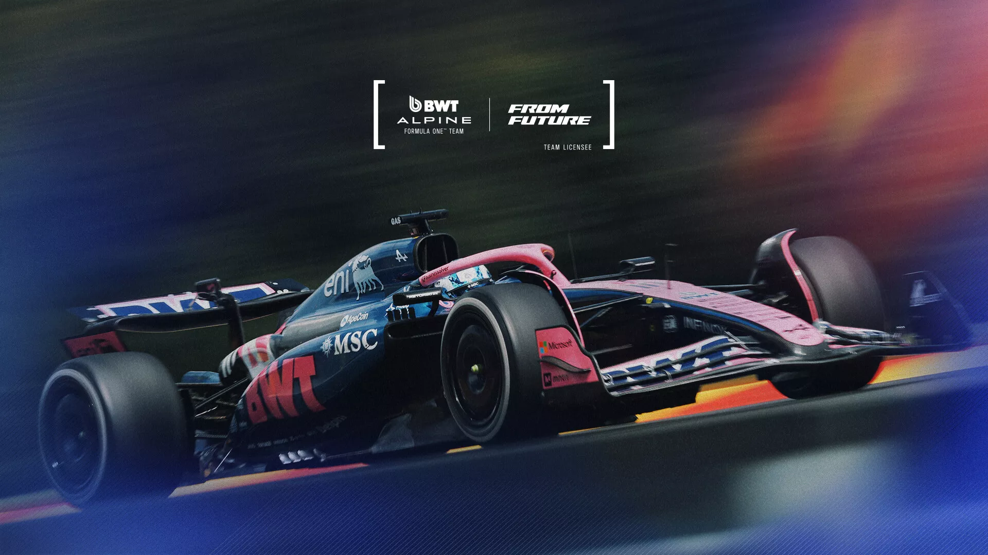 A promotional photo of a BWT Alpine F1 Team car with the 'From Future' label visible.