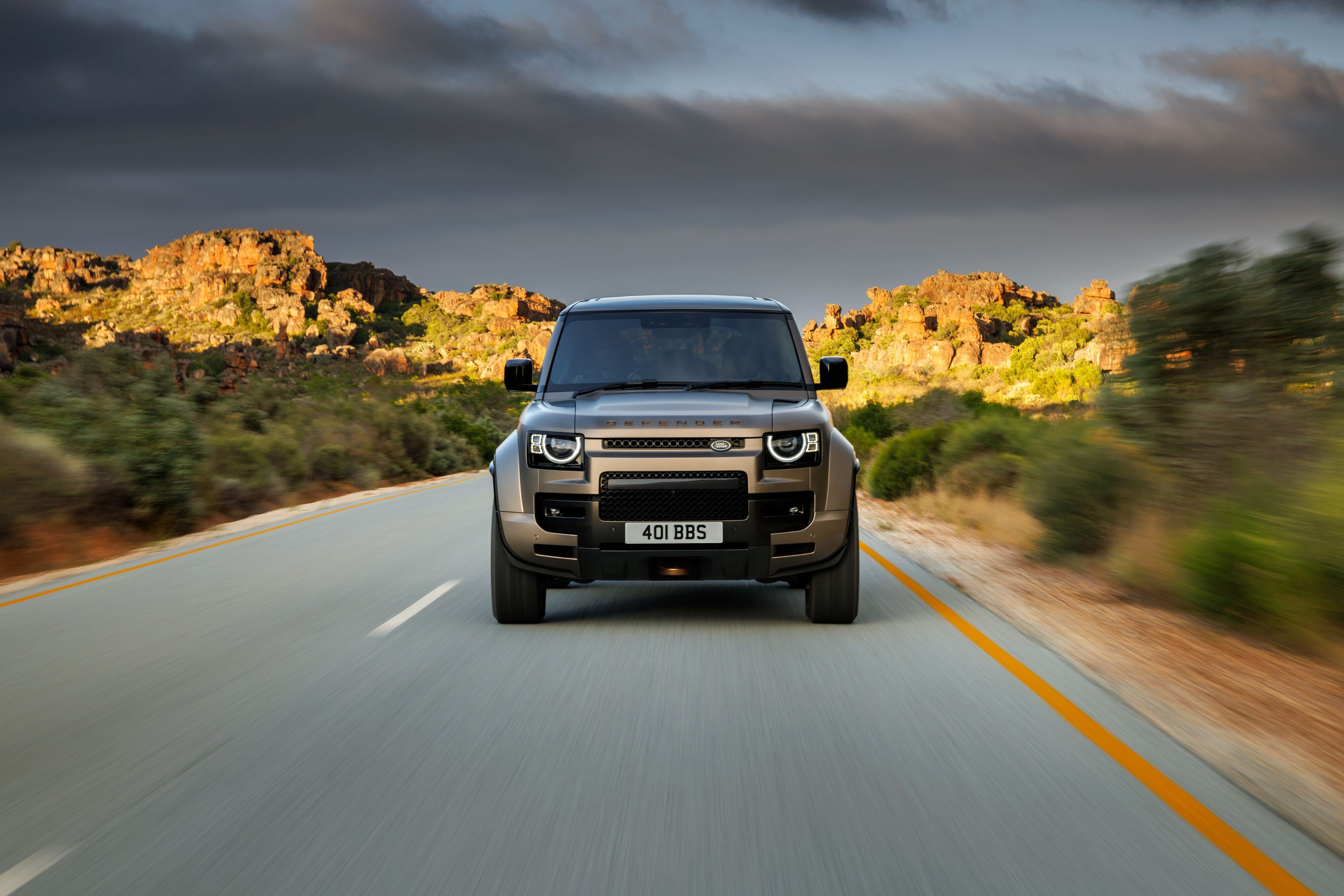 Front on view of a Land Rover Defender.