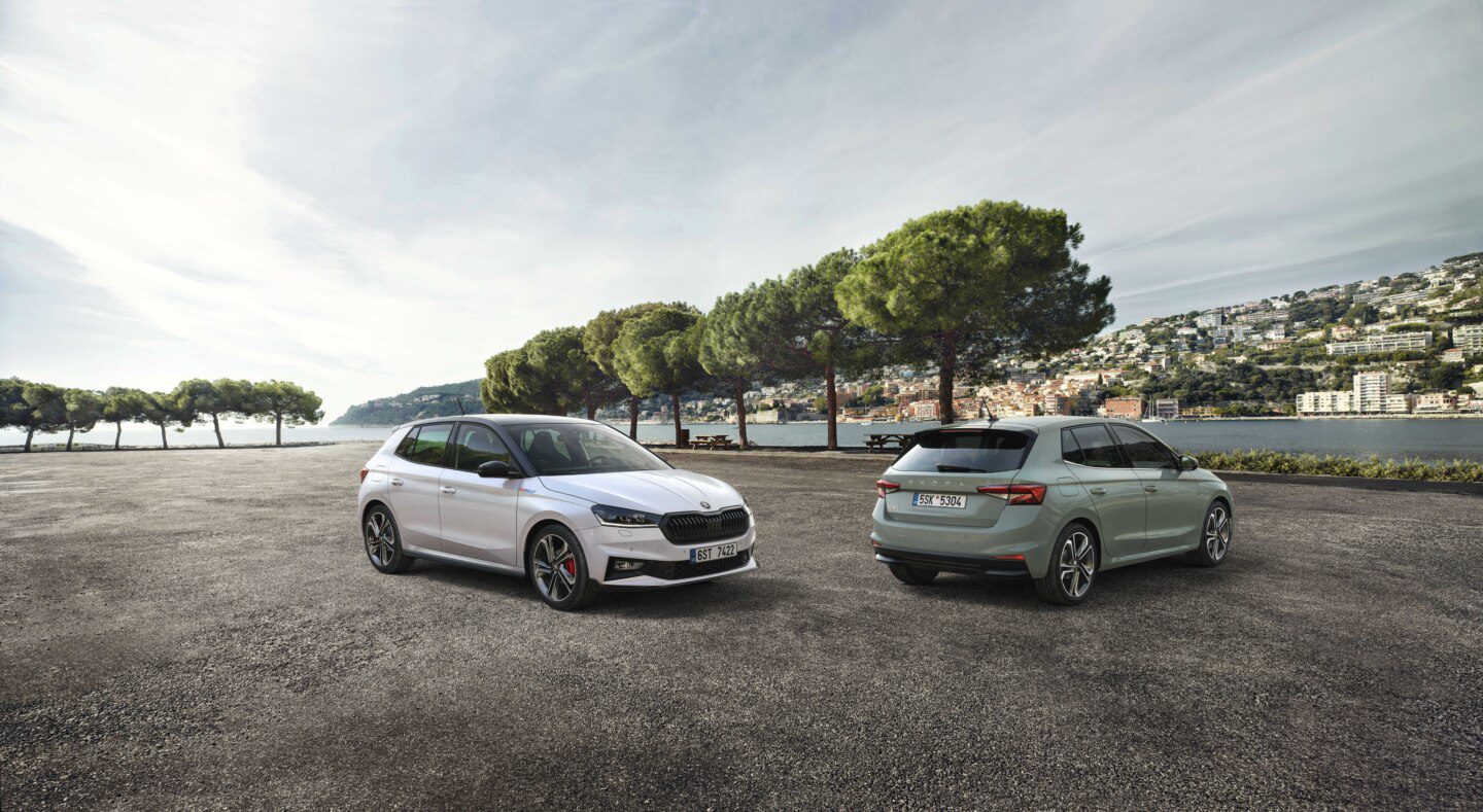 A photo of the Skoda Fabia 130 in white and grey.