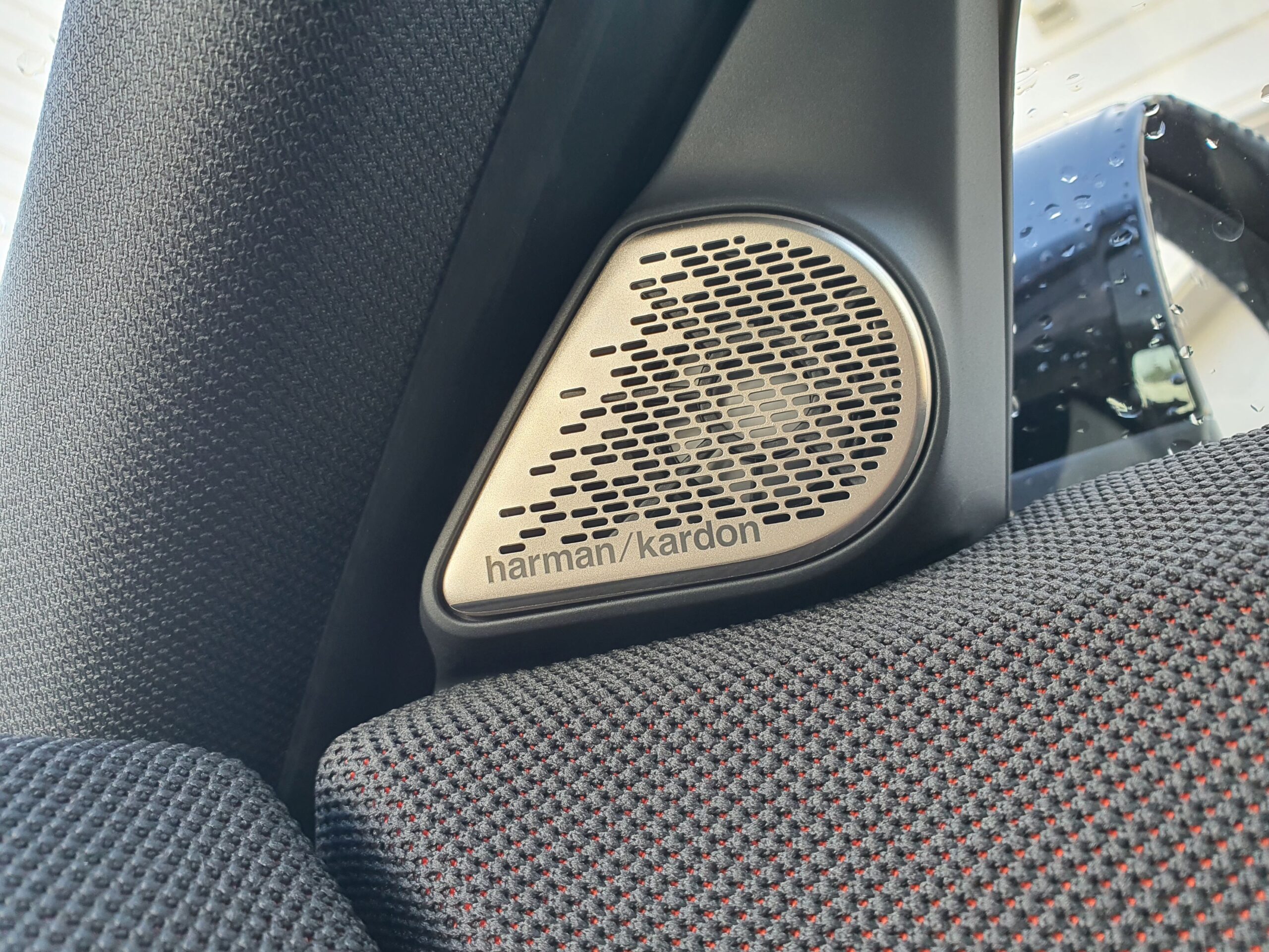 Photo of the Harman Kardon speaker housing on the interior of a 2025 Mini Countryman John Cooper Works.